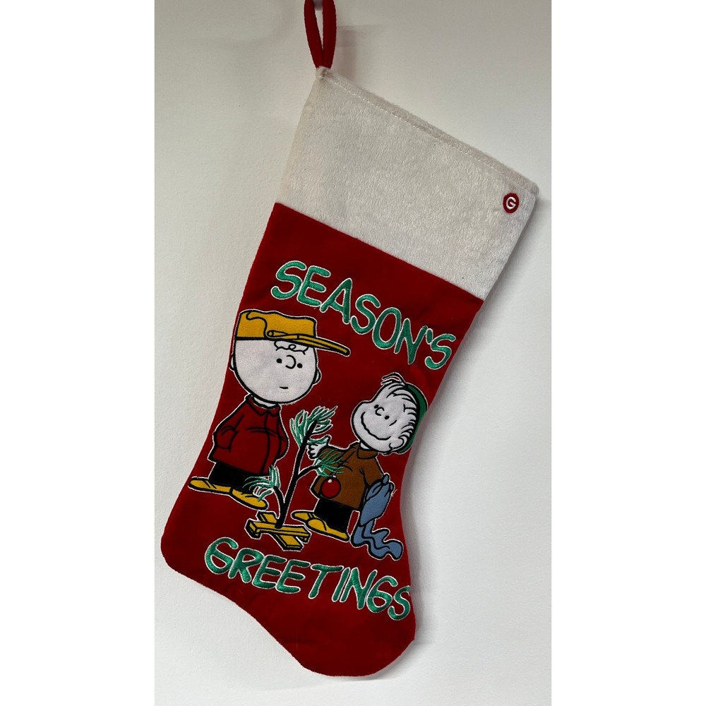 Peanuts Charlie Brown Linus Christmas Stocking Seasons‎ Greetings Red White 19"